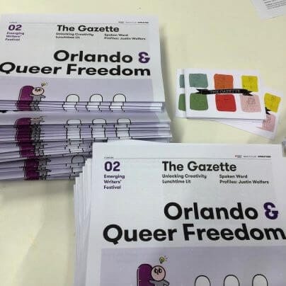 Two piles of The EWF Gazette with the headline 'Orlando & Queer Freedom'