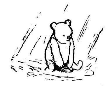 We see Pooh, astride his empty jar, emerging from the water. It's still raining.