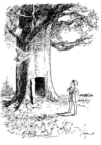 A drawing to start chapter 10 shows Christopher Robin in front of a huge old tree-house and Owl flying down to meet him.