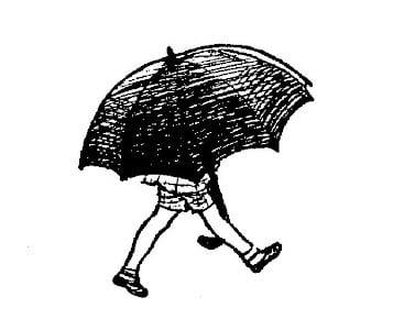 In this drawing, a big umbrella covers the top half of Christopher Robin. 