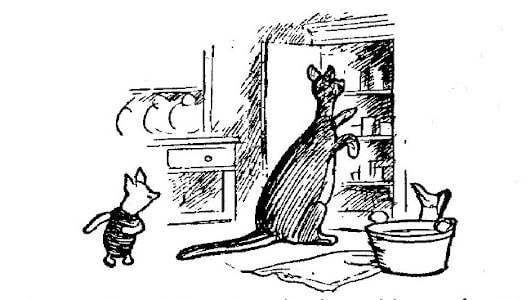 In this drawing, Kanga is looking in an open closet with her back to Piglet. There's a wash tub on the floor. Piglet is turning away.